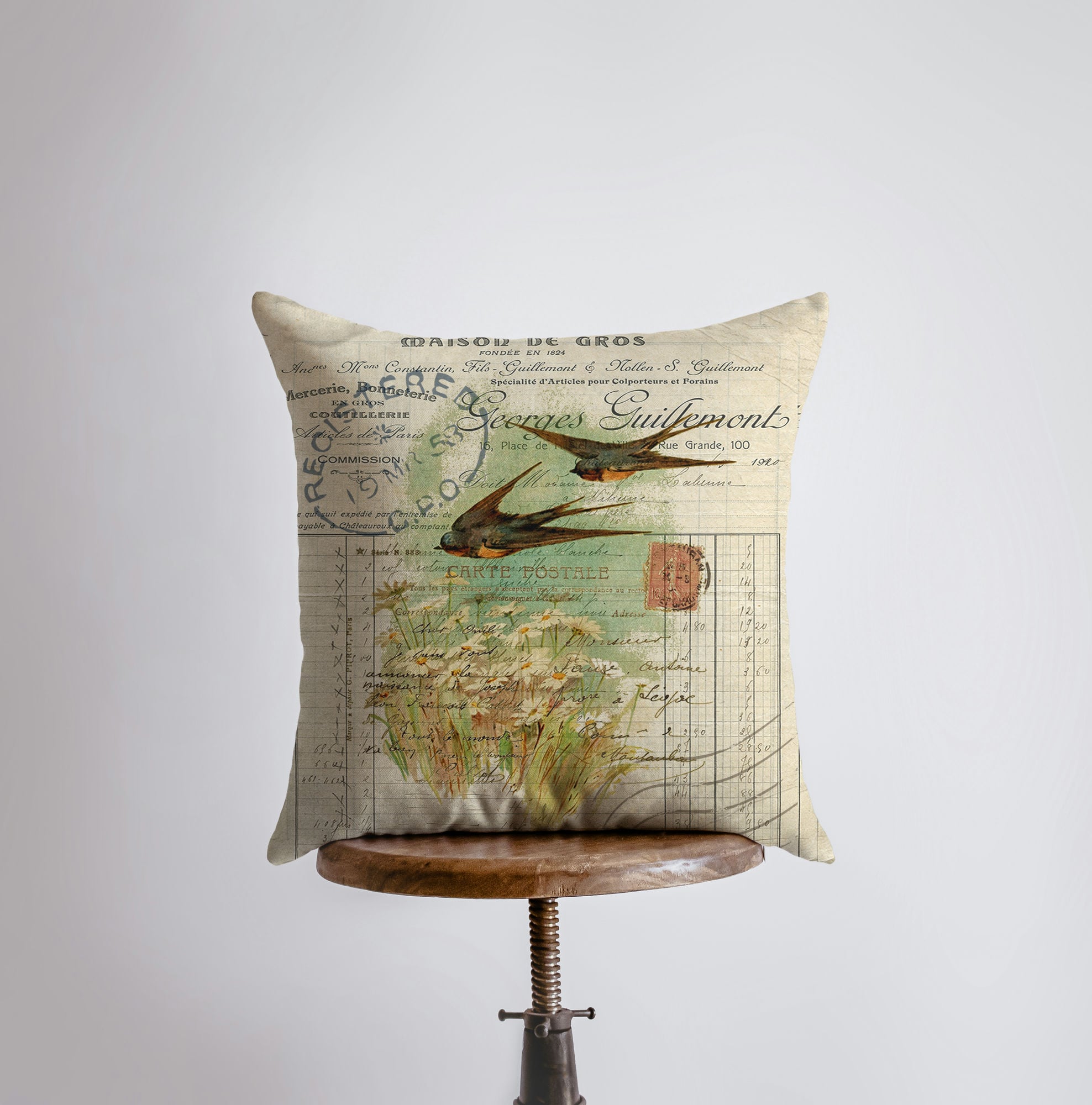 Handmade Birds Pillow Cover featuring two sparrows in flight above a field of flowers, perfect for farmhouse decor.