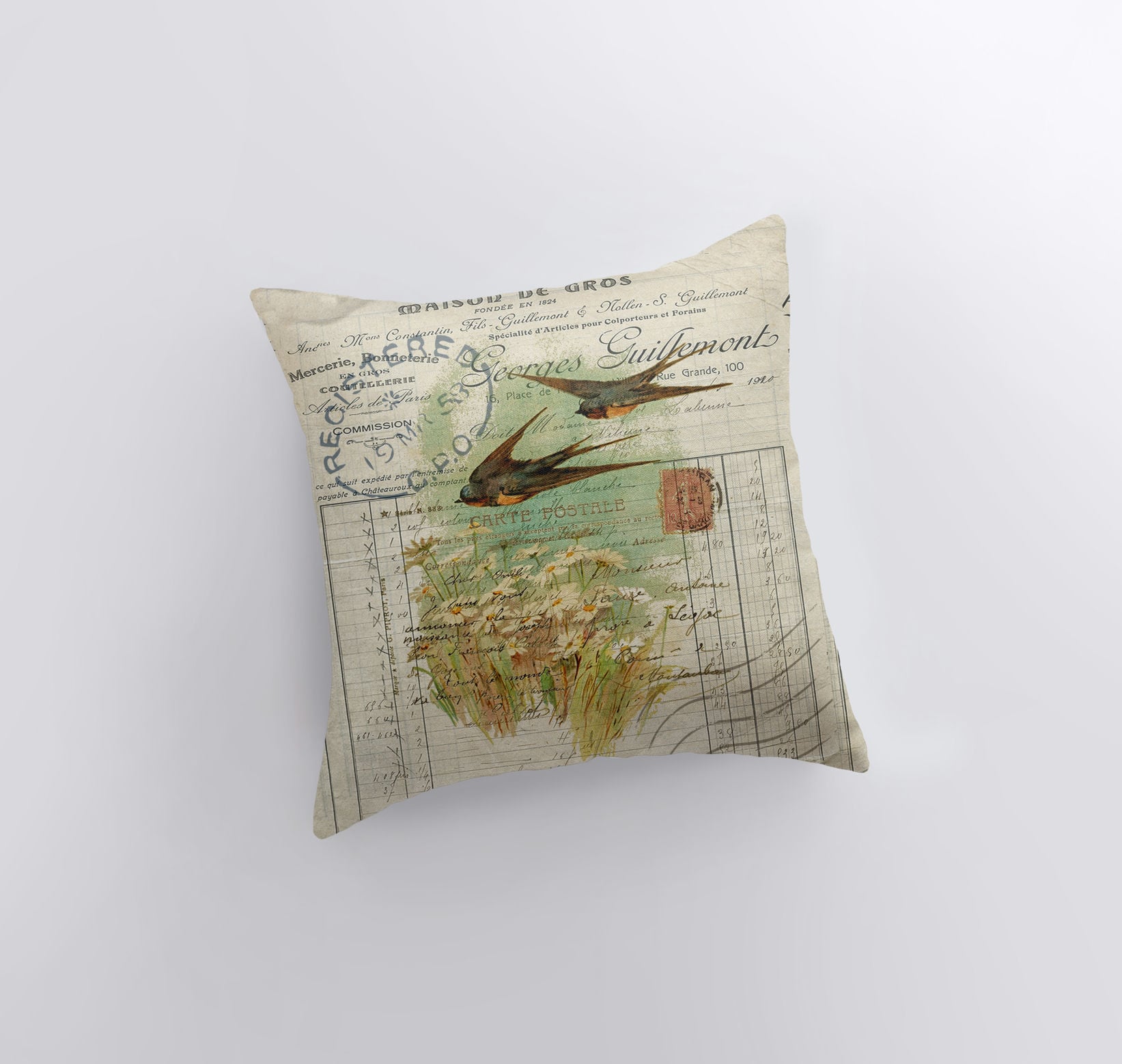 Handmade Birds Pillow Cover featuring two sparrows in flight above a field of flowers, perfect for farmhouse decor.