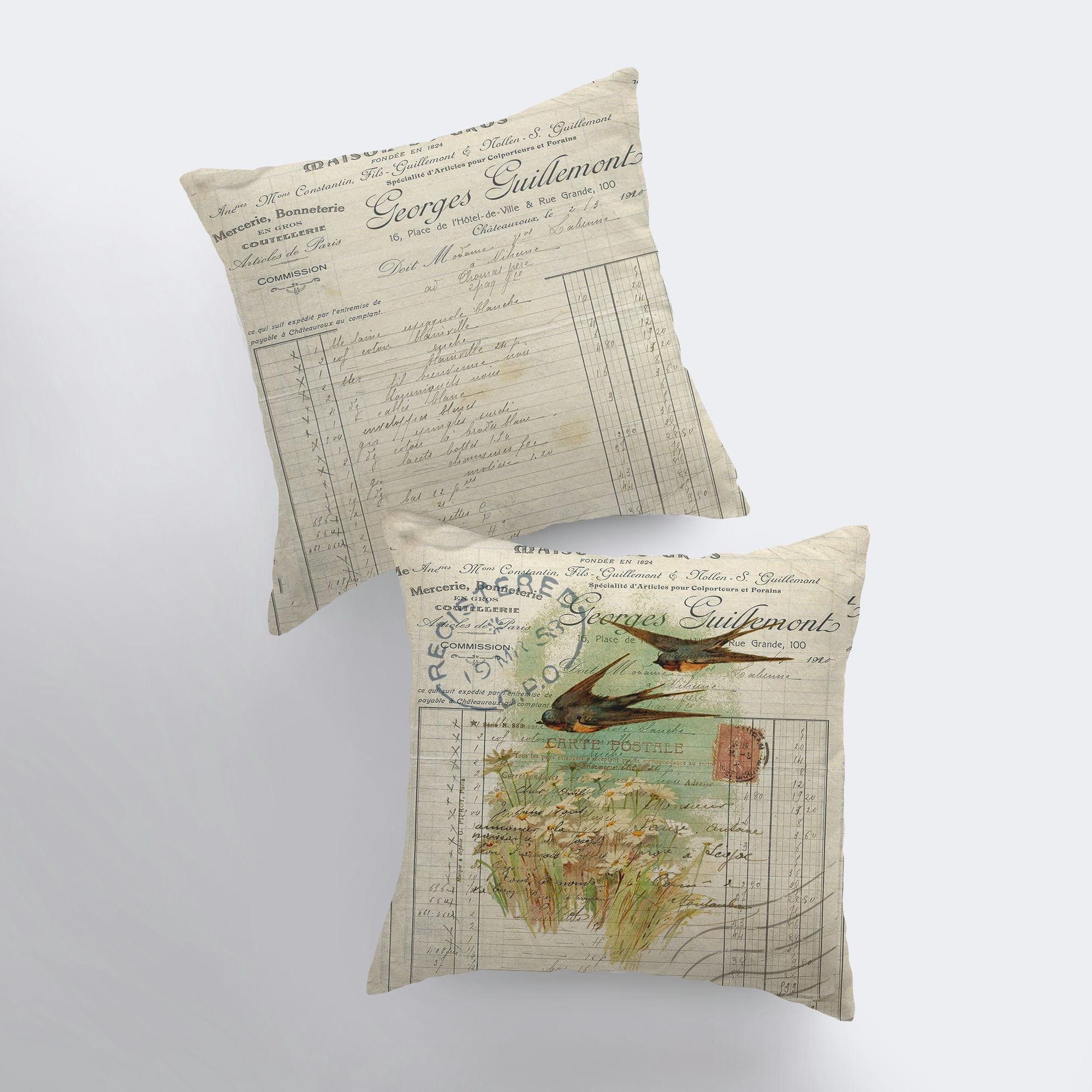 Handmade Birds Pillow Cover featuring two sparrows in flight above a field of flowers, perfect for farmhouse decor.