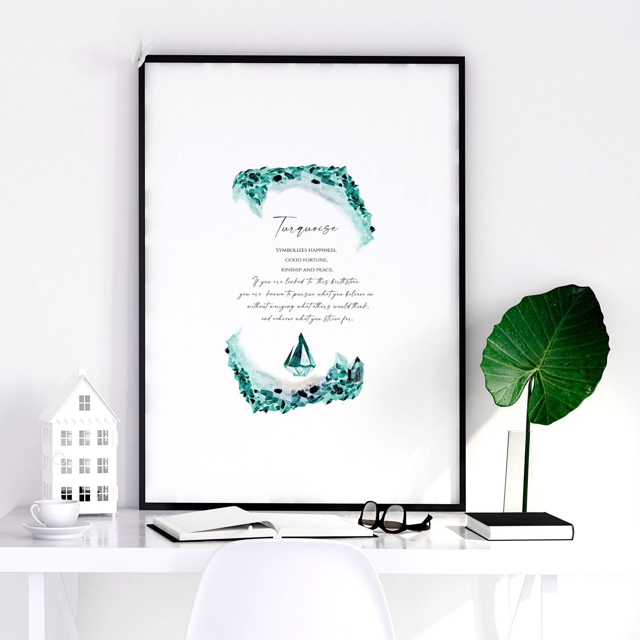 Framed wall art print featuring vibrant turquoise hues representing December's birthstone, showcasing intricate textures and colors.