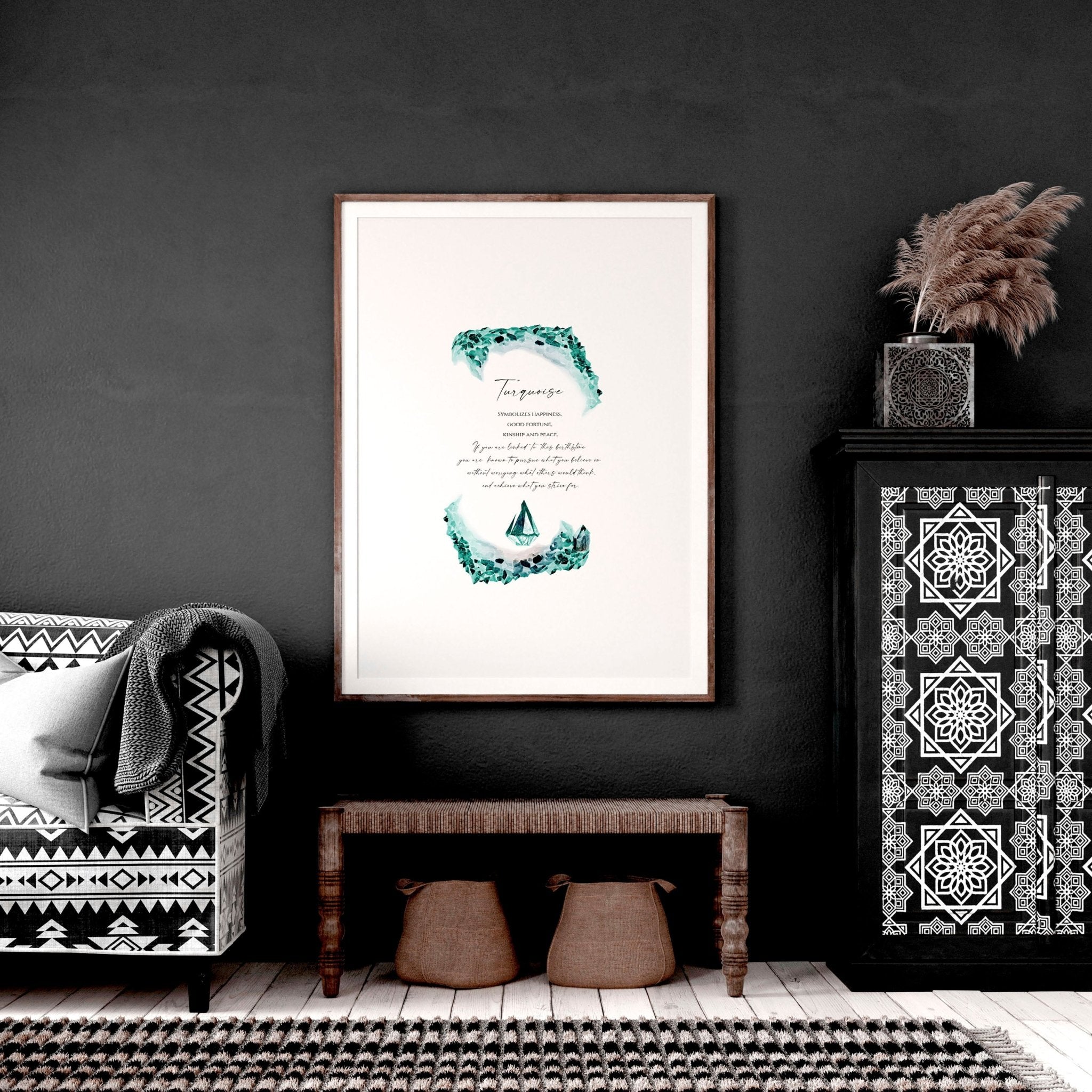 Framed wall art print featuring vibrant turquoise hues representing December's birthstone, showcasing intricate textures and colors.