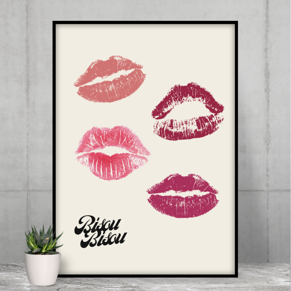 Bisou Bisou Kisses Poster on premium matte fine art paper, showcasing vibrant colors and elegant design.