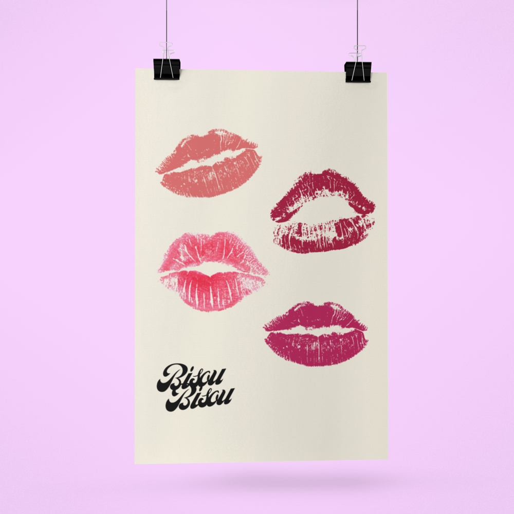 Bisou Bisou Kisses Poster on premium matte fine art paper, showcasing vibrant colors and elegant design.