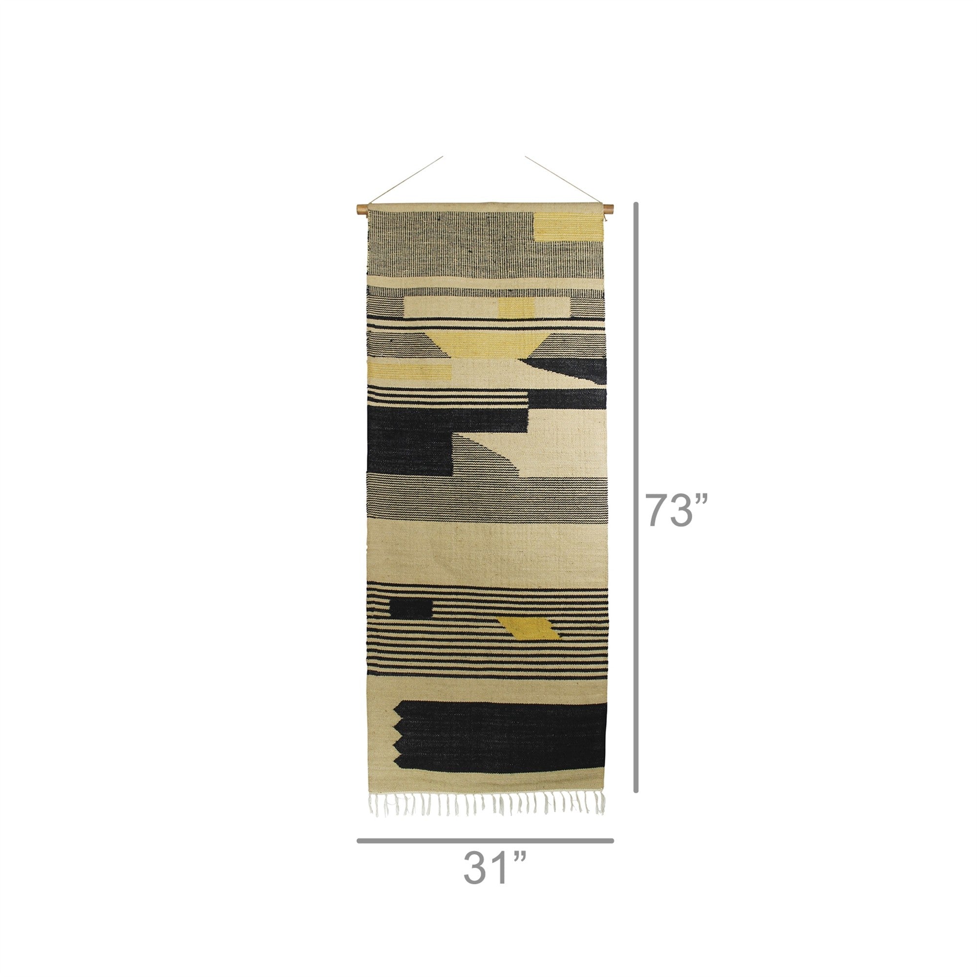 Black and beige wall hanging featuring angular patterns, handwoven from jute, adding texture and style to home decor.