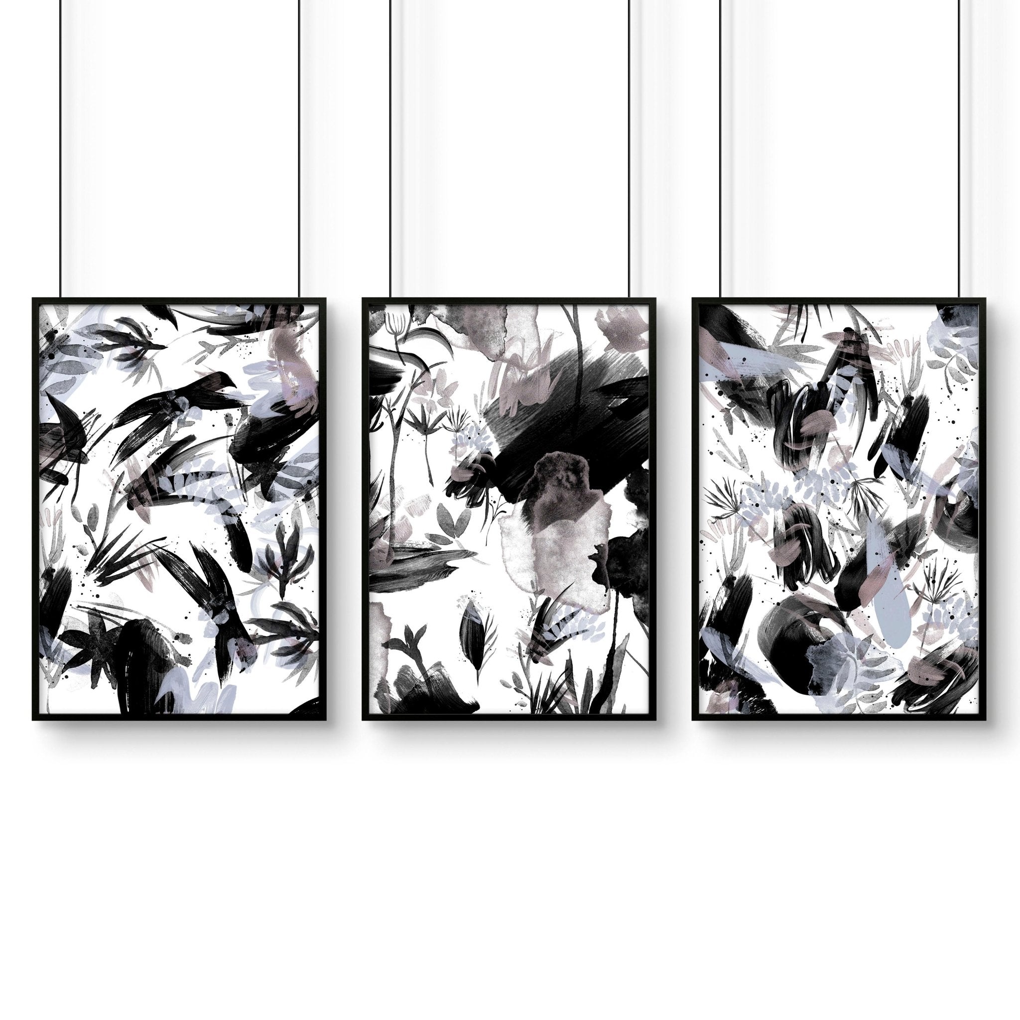 Set of 3 black and white wall art prints featuring brush strokes and abstract nature textures, perfect for modern home decor.