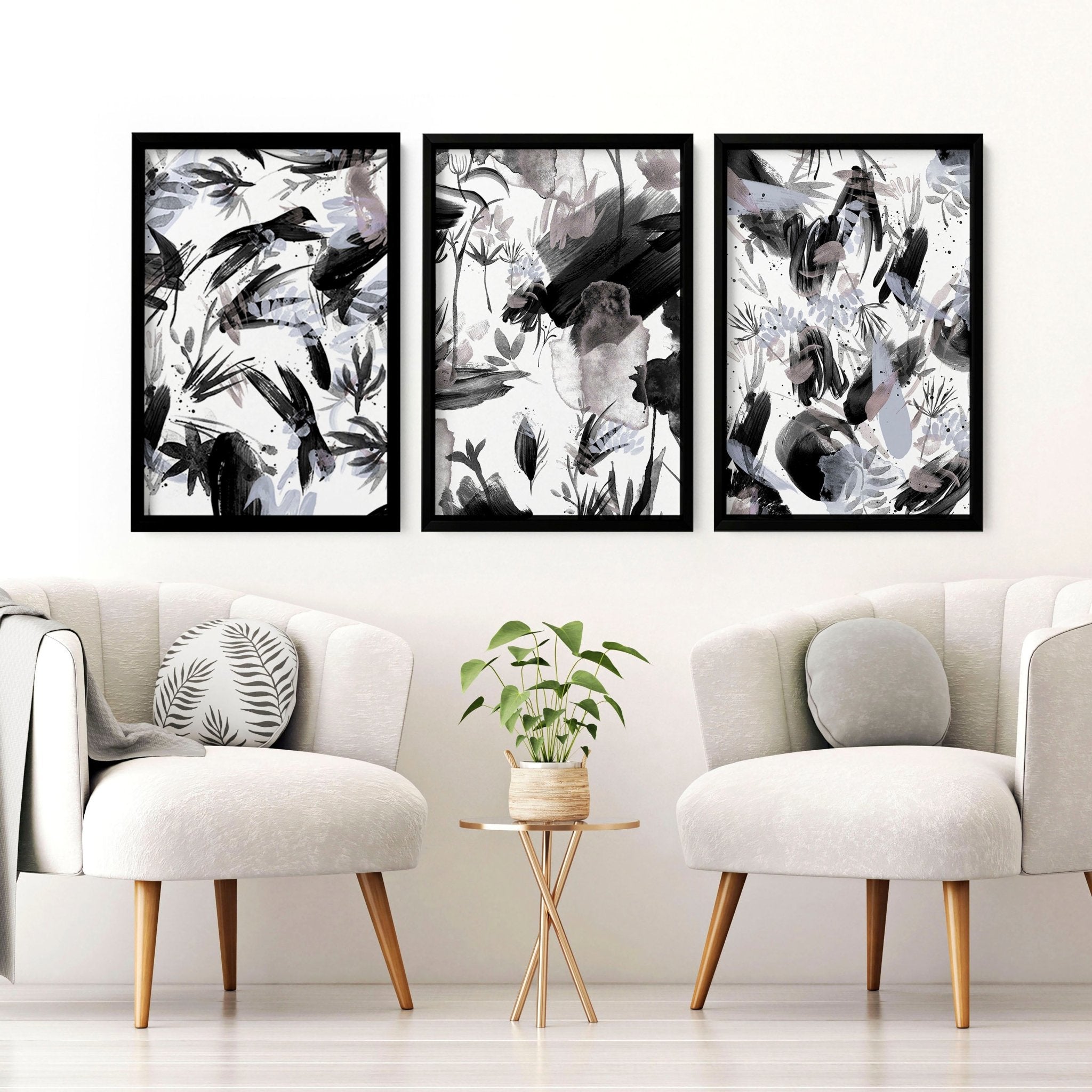 Set of 3 black and white wall art prints featuring brush strokes and abstract nature textures, perfect for modern home decor.