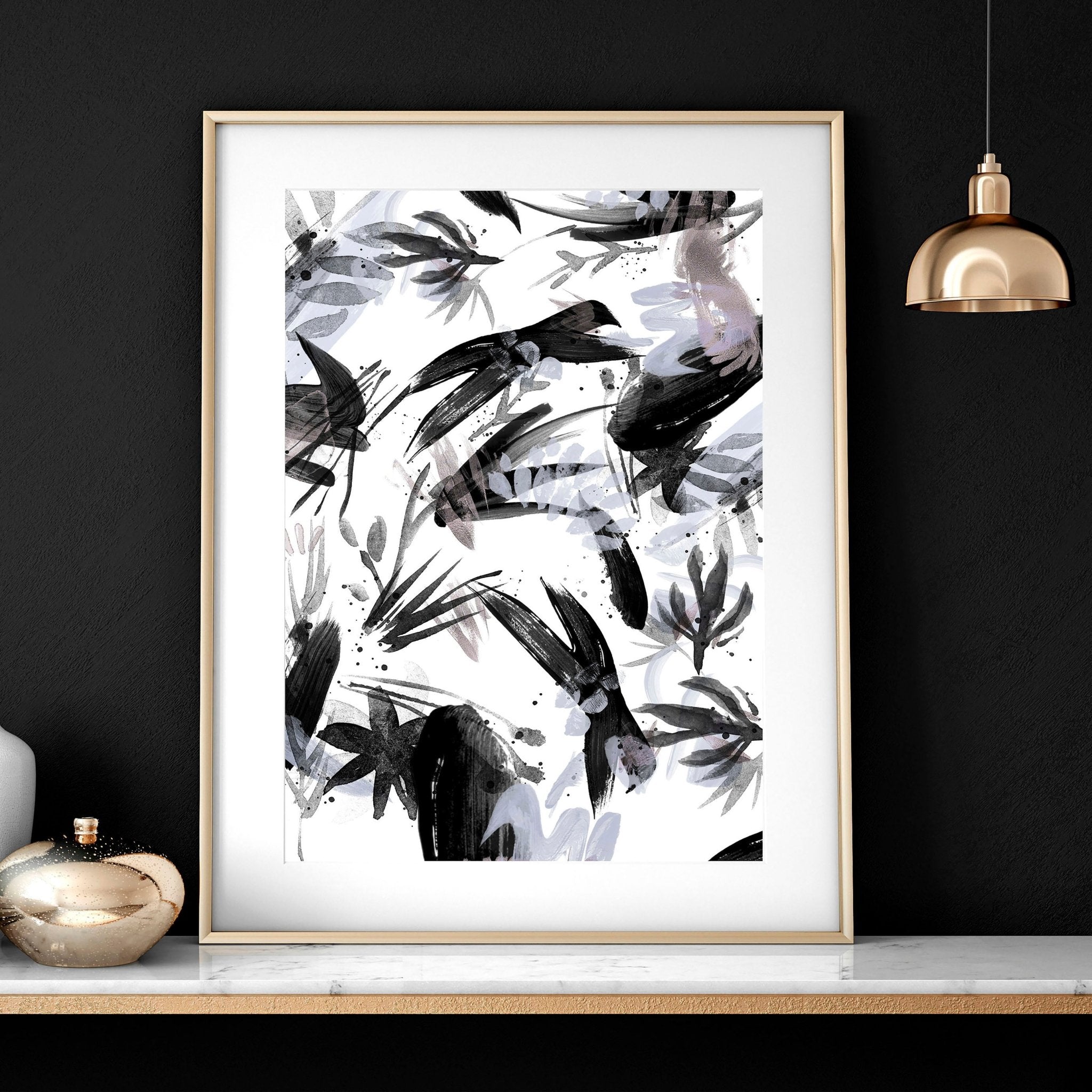 Set of 3 black and white wall art prints featuring brush strokes and abstract nature textures, perfect for modern home decor.