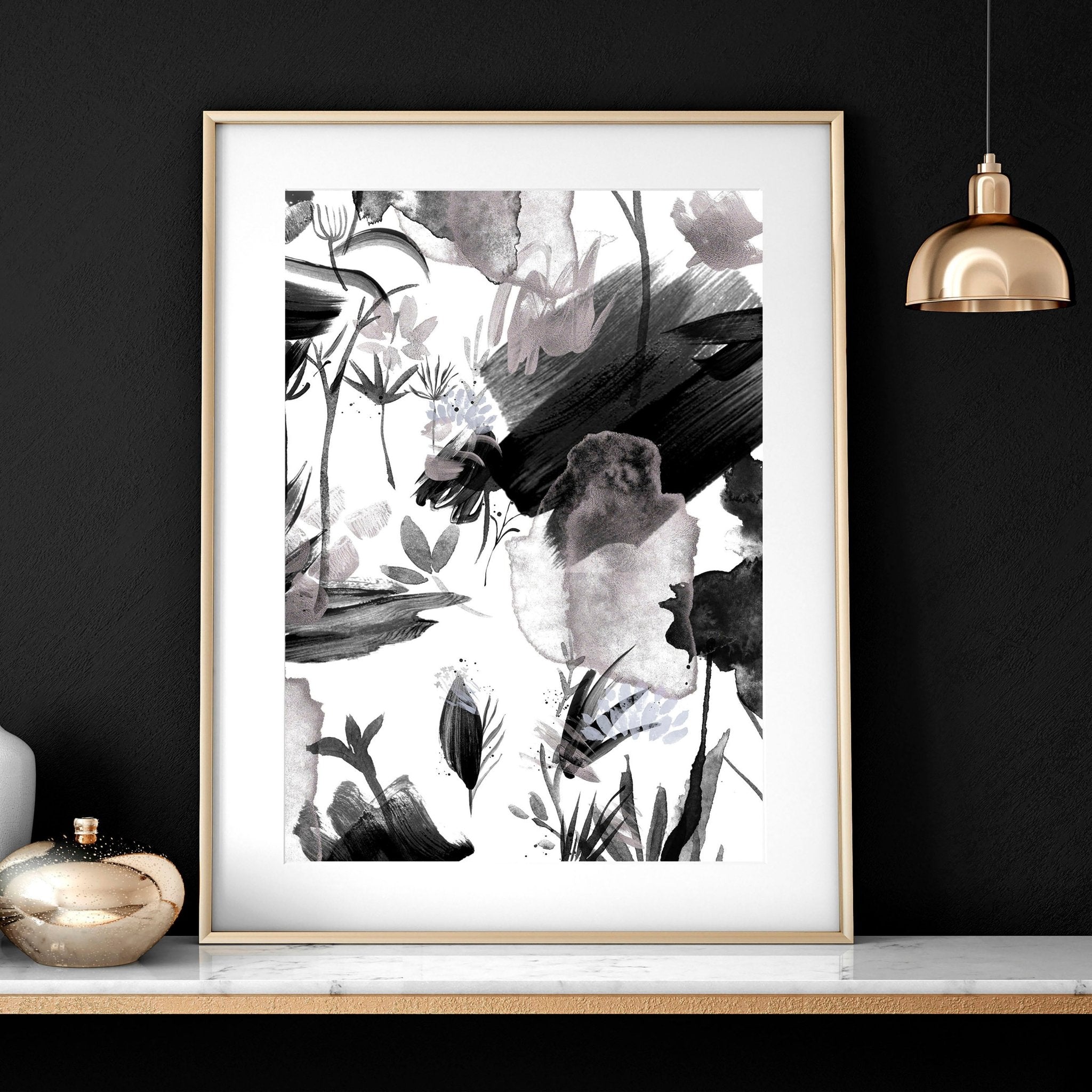 Set of 3 black and white wall art prints featuring brush strokes and abstract nature textures, perfect for modern home decor.