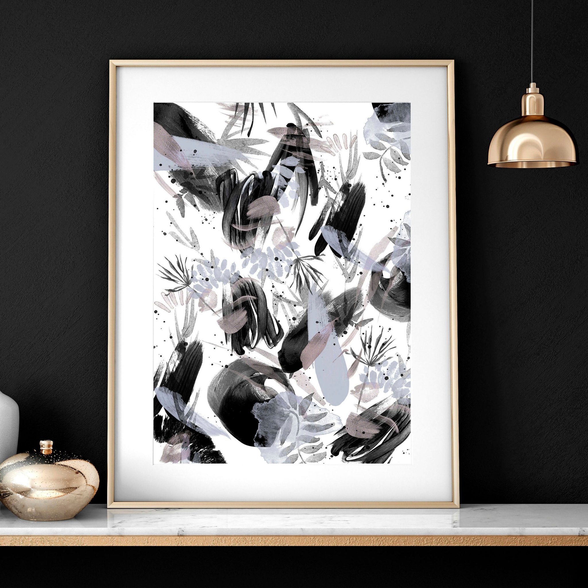 Set of 3 black and white wall art prints featuring brush strokes and abstract nature textures, perfect for modern home decor.