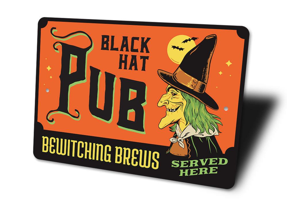 Black Hat Pub Sign featuring spooky Halloween design, made from durable aluminum, perfect for home decor.