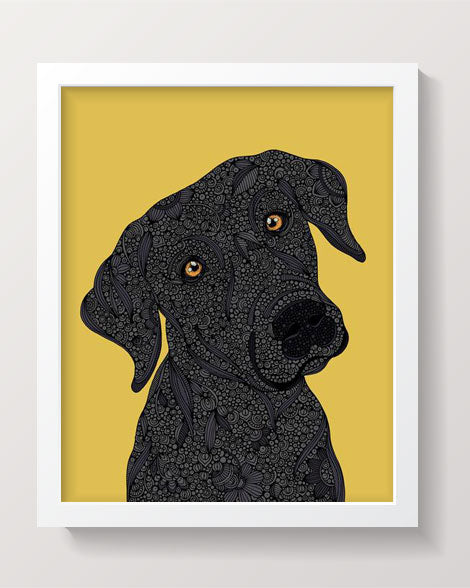 A beautifully detailed Black Labrador art print featuring pen and ink artwork with vibrant digital coloring, ready for framing.