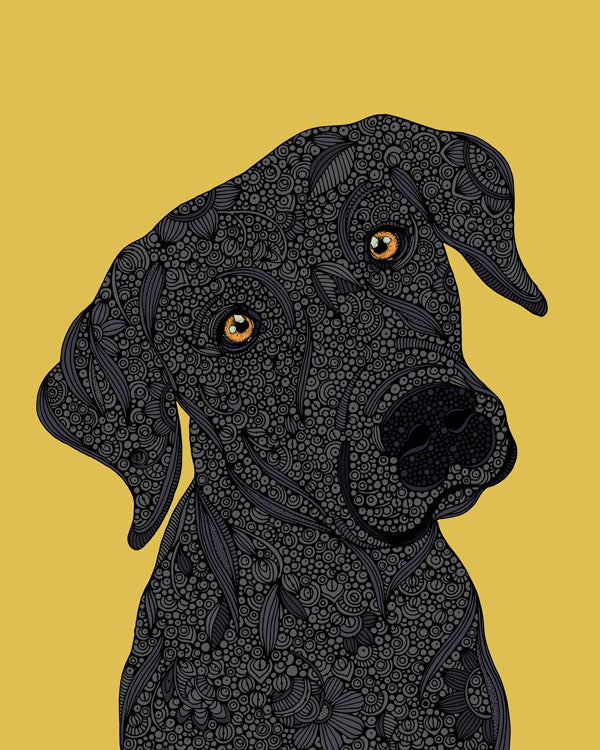 A beautifully detailed Black Labrador art print featuring pen and ink artwork with vibrant digital coloring, ready for framing.