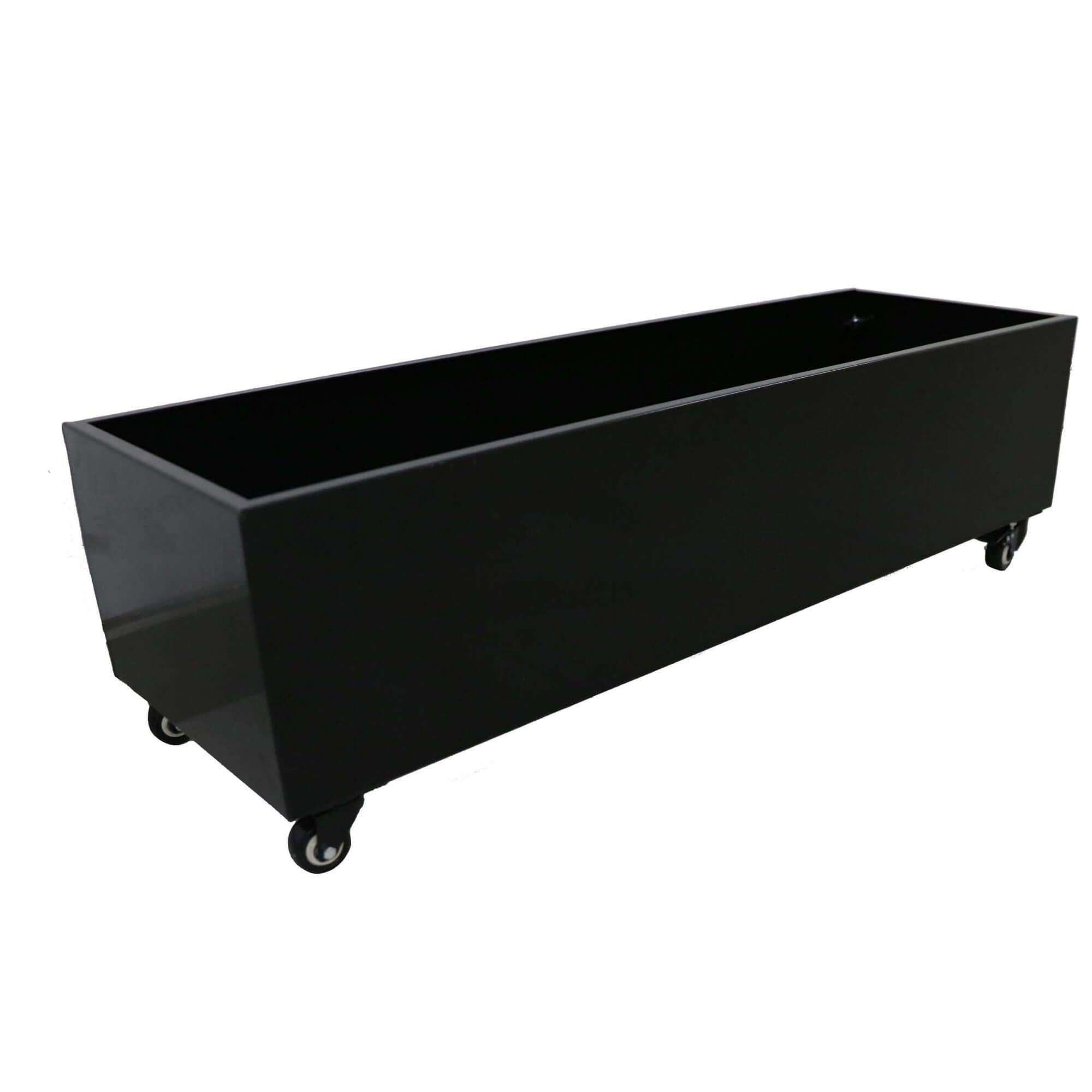 Black metal planter with wheels, designed for artificial hedges, featuring a sleek powder-coated finish and flat-pack assembly.