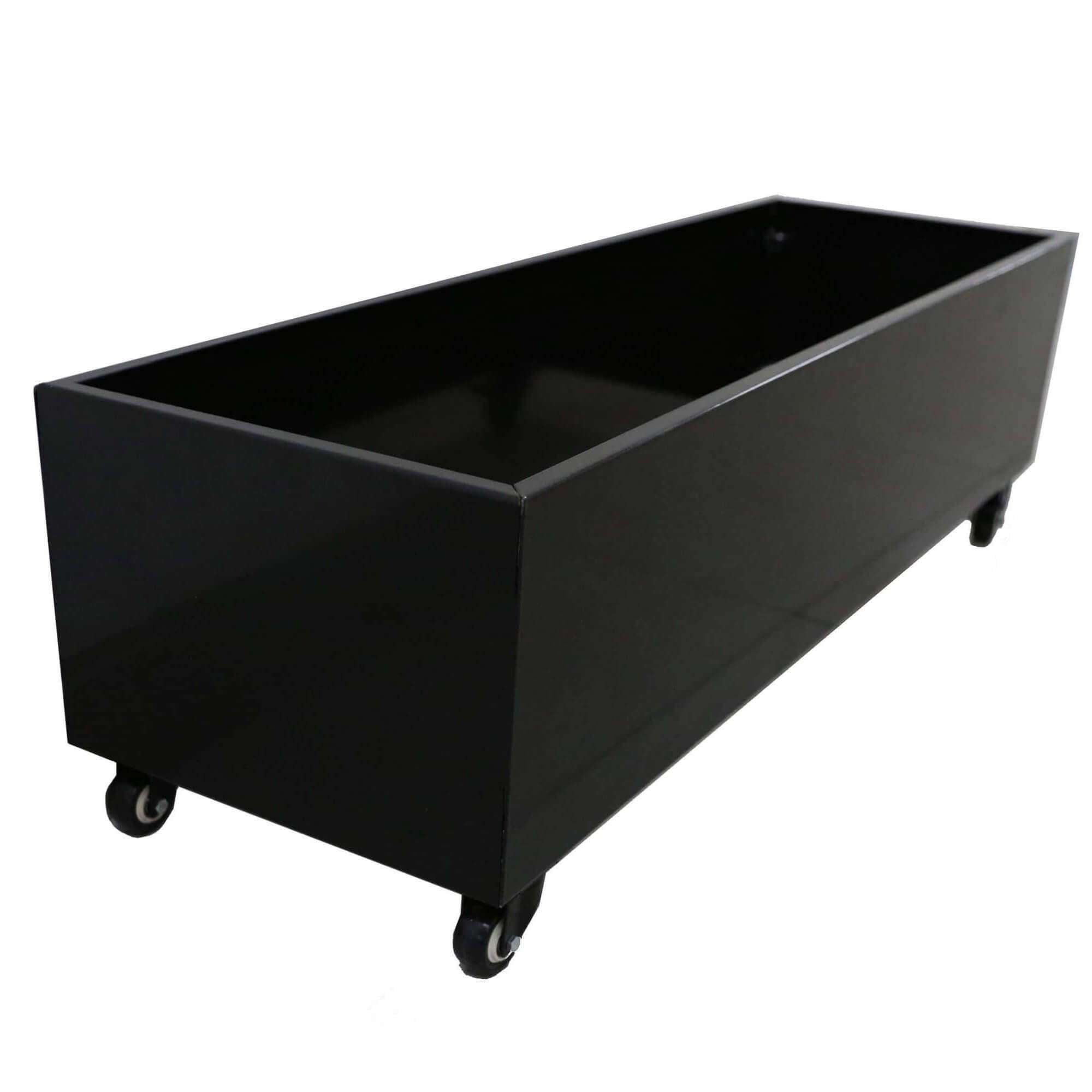 Black metal planter with wheels, designed for artificial hedges, featuring a sleek powder-coated finish and flat-pack assembly.