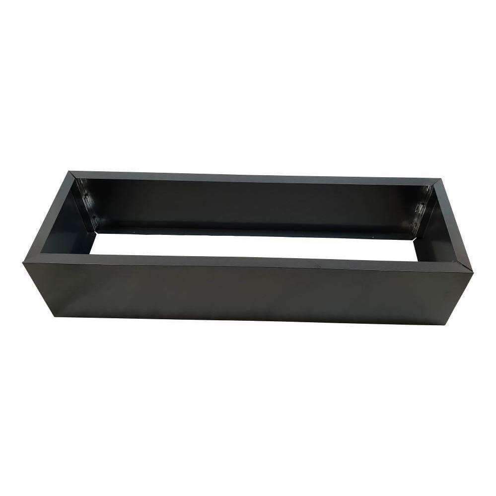 A sleek black metal planter, measuring 110cm long, 34cm wide, and 25cm high, showcasing a modern design suitable for artificial hedges.