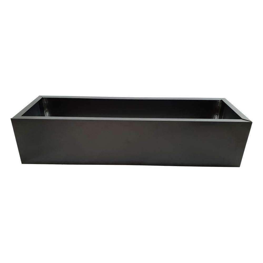 A sleek black metal planter, measuring 110cm long, 34cm wide, and 25cm high, showcasing a modern design suitable for artificial hedges.