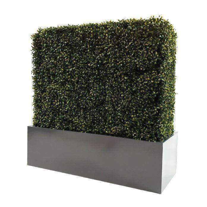 A sleek black metal planter, measuring 110cm long, 34cm wide, and 25cm high, showcasing a modern design suitable for artificial hedges.