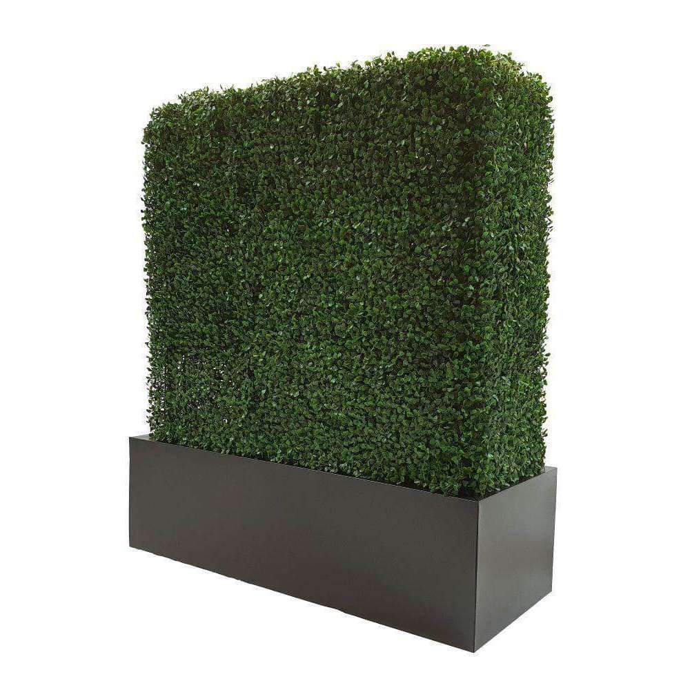 A sleek black metal planter designed for artificial hedges, featuring a powder-coated finish and lightweight construction.