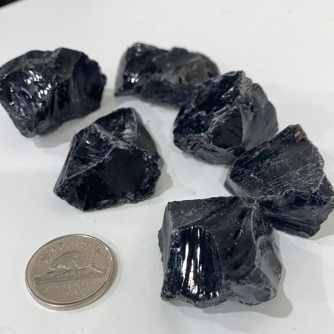 A collection of rough cut Black Obsidian pieces showcasing their glossy black surface and unique shapes.