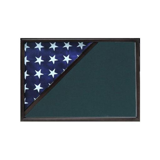 Black Shadow box displaying a 3X5 flag and an 8.5x11 certificate, featuring an acrylic front for protection.