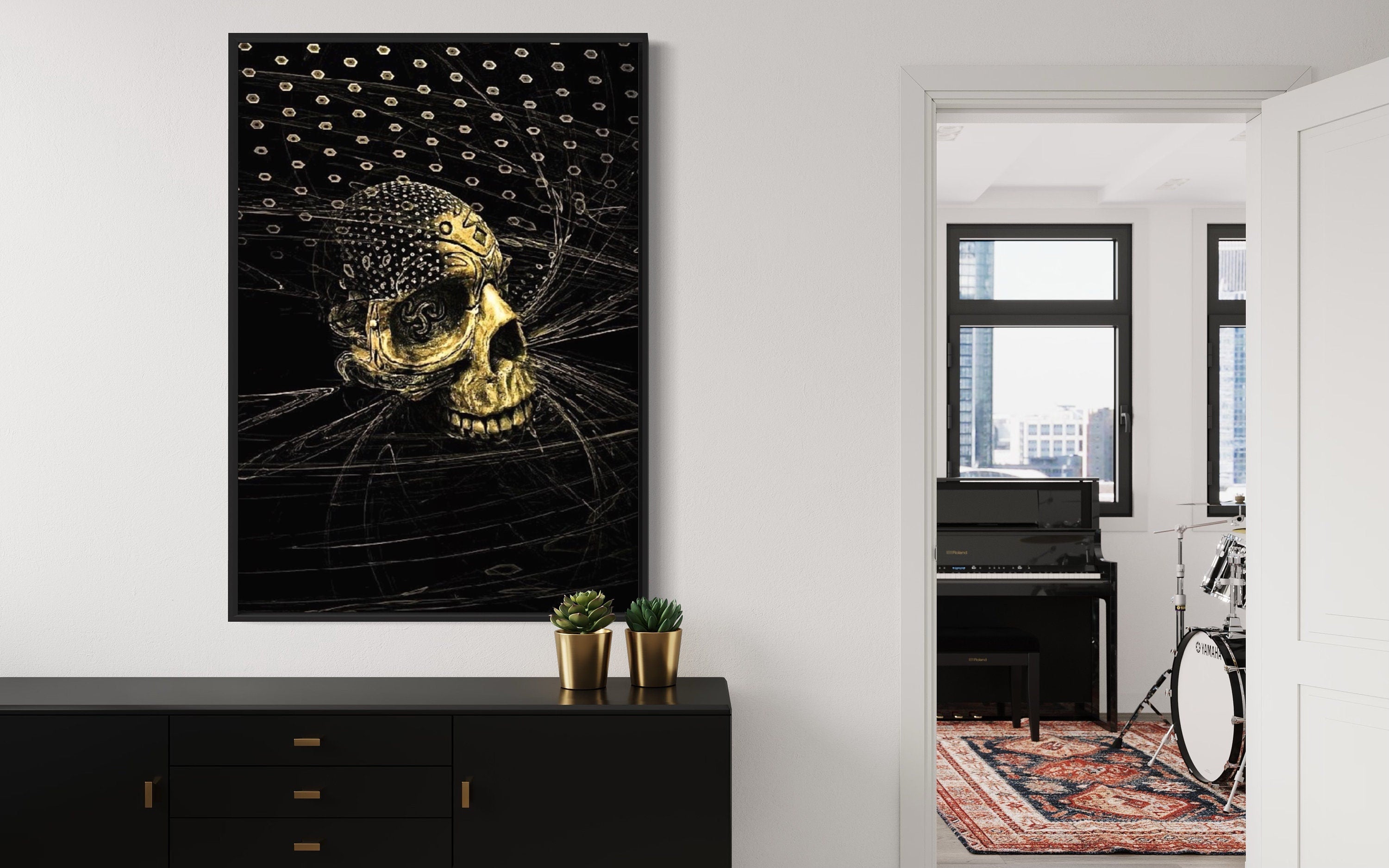 A striking black skull print featuring intricate organic and geometric shapes, perfect for home decor.