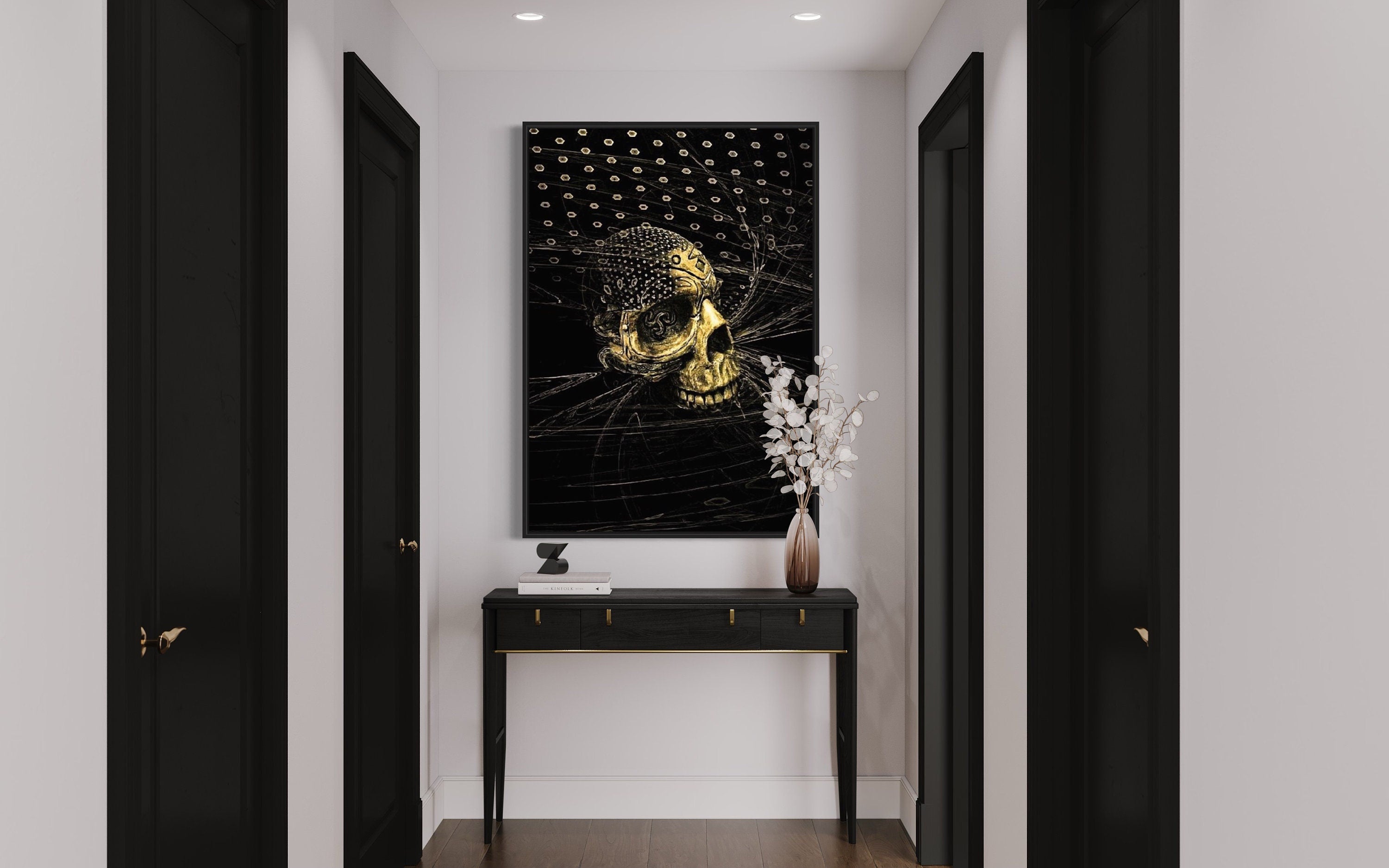 A striking black skull print featuring intricate organic and geometric shapes, perfect for home decor.