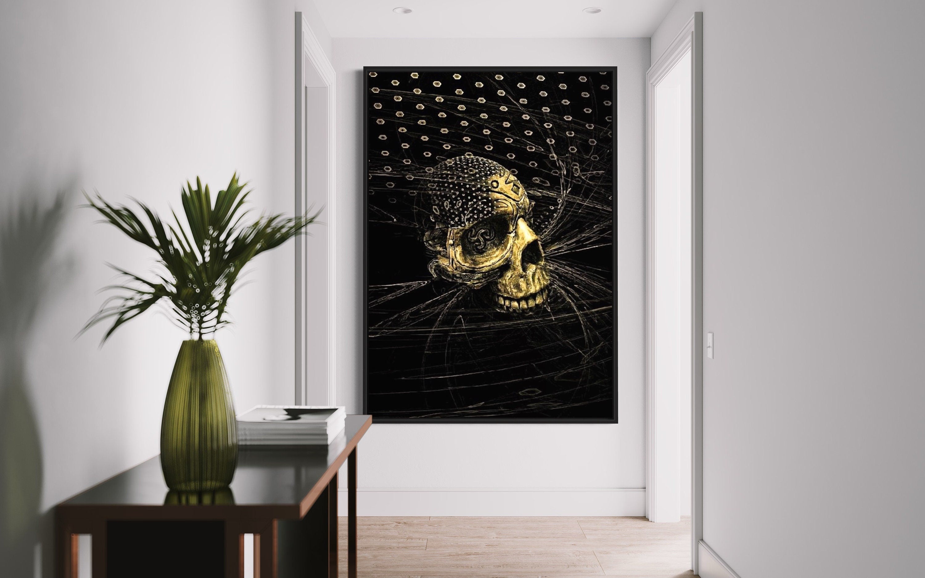 A striking black skull print featuring intricate organic and geometric shapes, perfect for home decor.