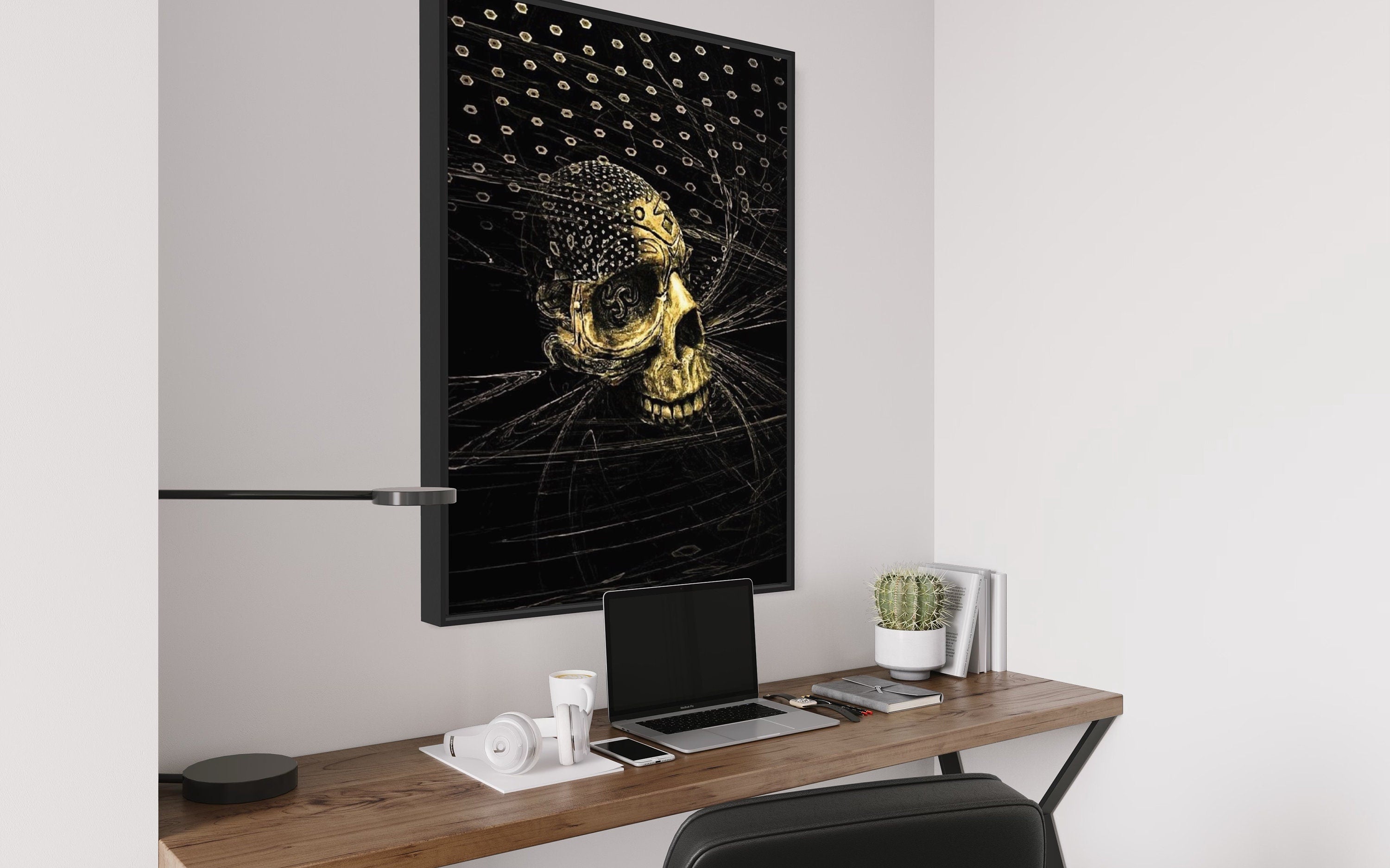 A striking black skull print featuring intricate organic and geometric shapes, perfect for home decor.