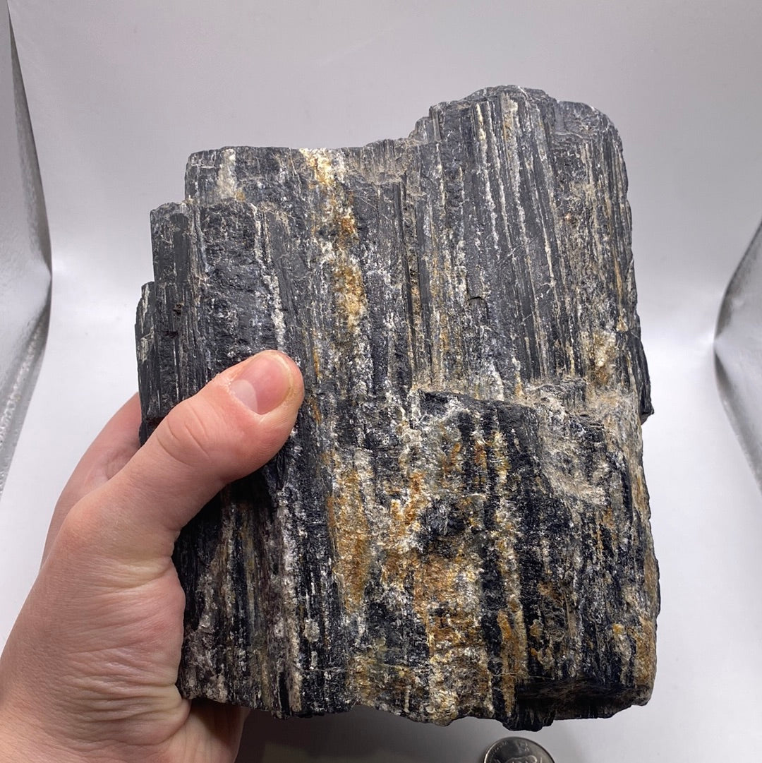 A large 9.7 LB Black Tourmaline specimen with a shiny black and metallic luster, showcasing its unique natural formations.