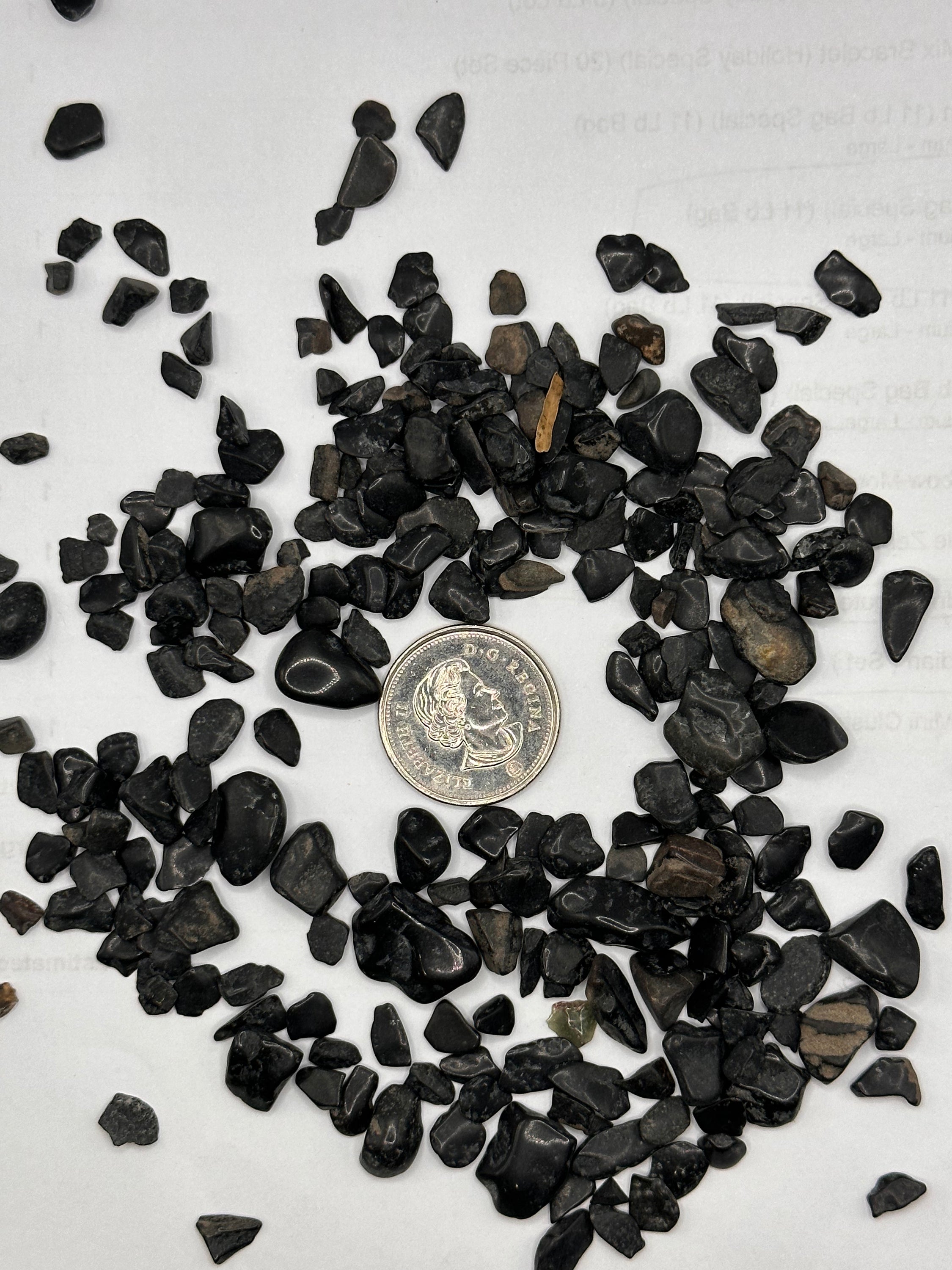 A collection of rough cut black tourmaline chips showcasing unique shapes, sizes, and Mica and Quartz inclusions.