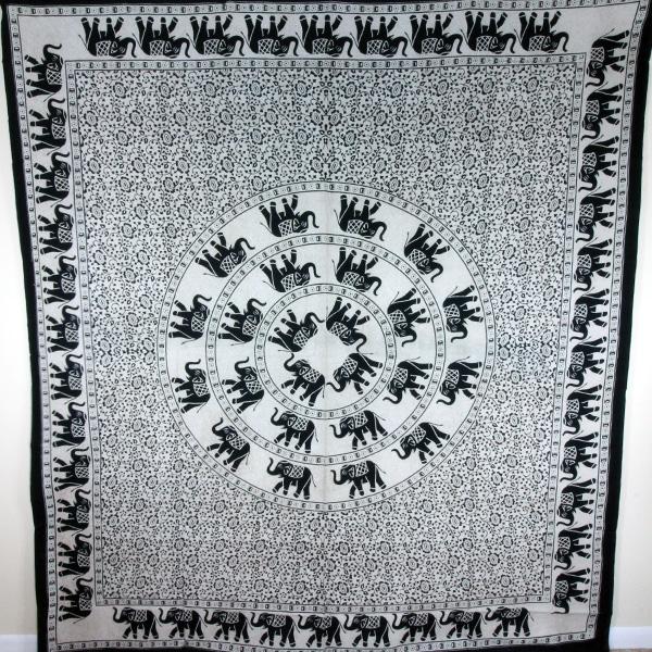 Black and white tapestry featuring festival elephants and a mandala design, perfect for home decor.