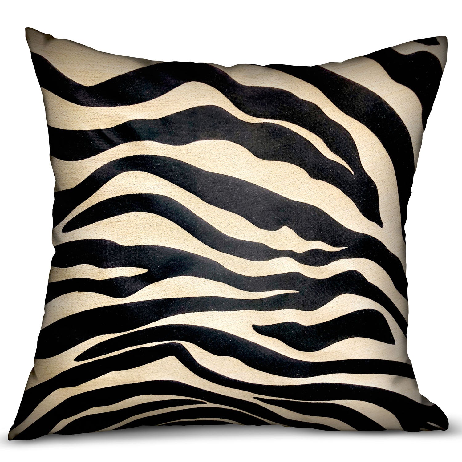 Black Zebra Luxury Throw Pillow featuring a unique animal motif, handcrafted silk fabric, and an invisible zipper enclosure.