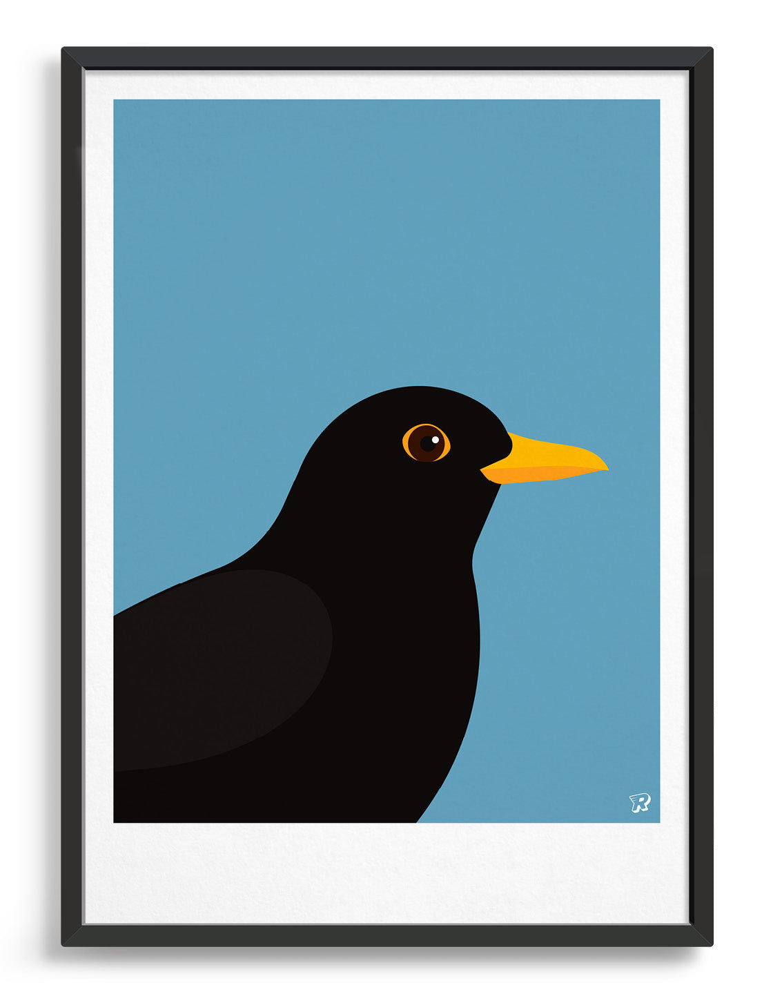 A minimalist blackbird print featuring a bold blackbird against a colorful background, perfect for modern decor.