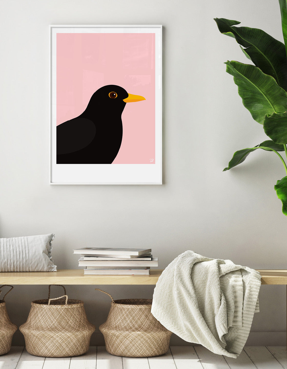 A minimalist blackbird print featuring a bold blackbird against a colorful background, perfect for modern decor.