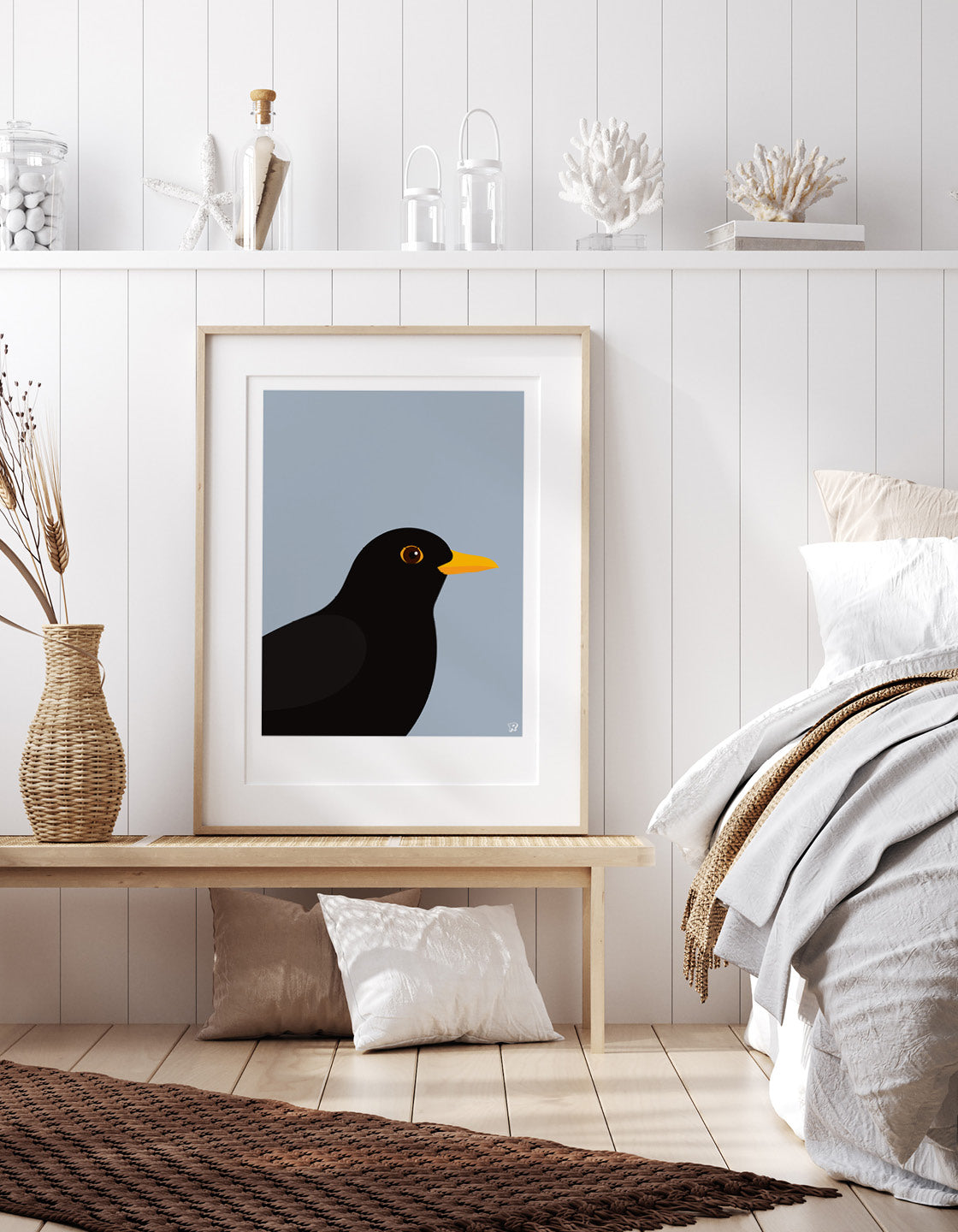 A minimalist blackbird print featuring a bold blackbird against a colorful background, perfect for modern decor.