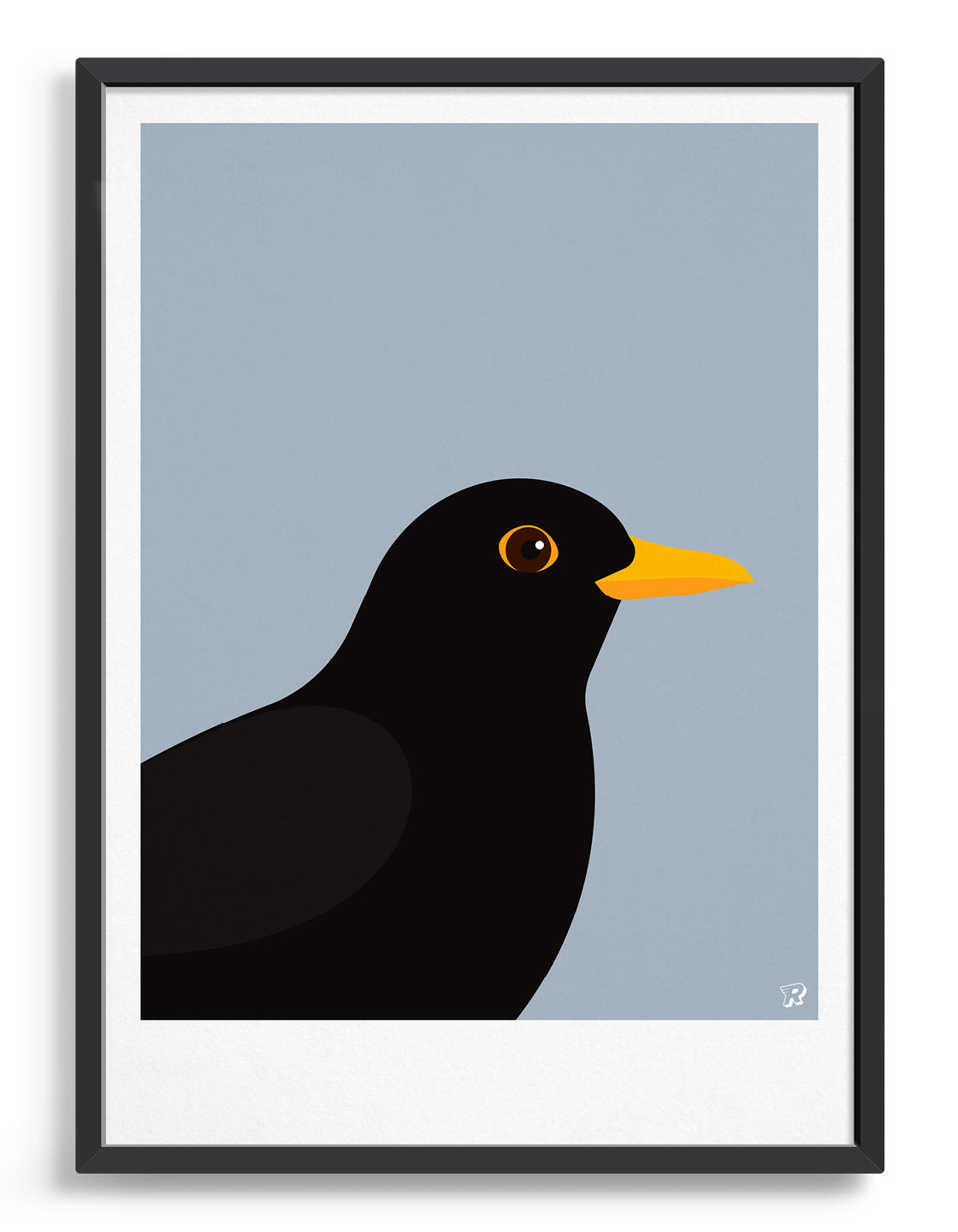 A minimalist blackbird print featuring a bold blackbird against a colorful background, perfect for modern decor.