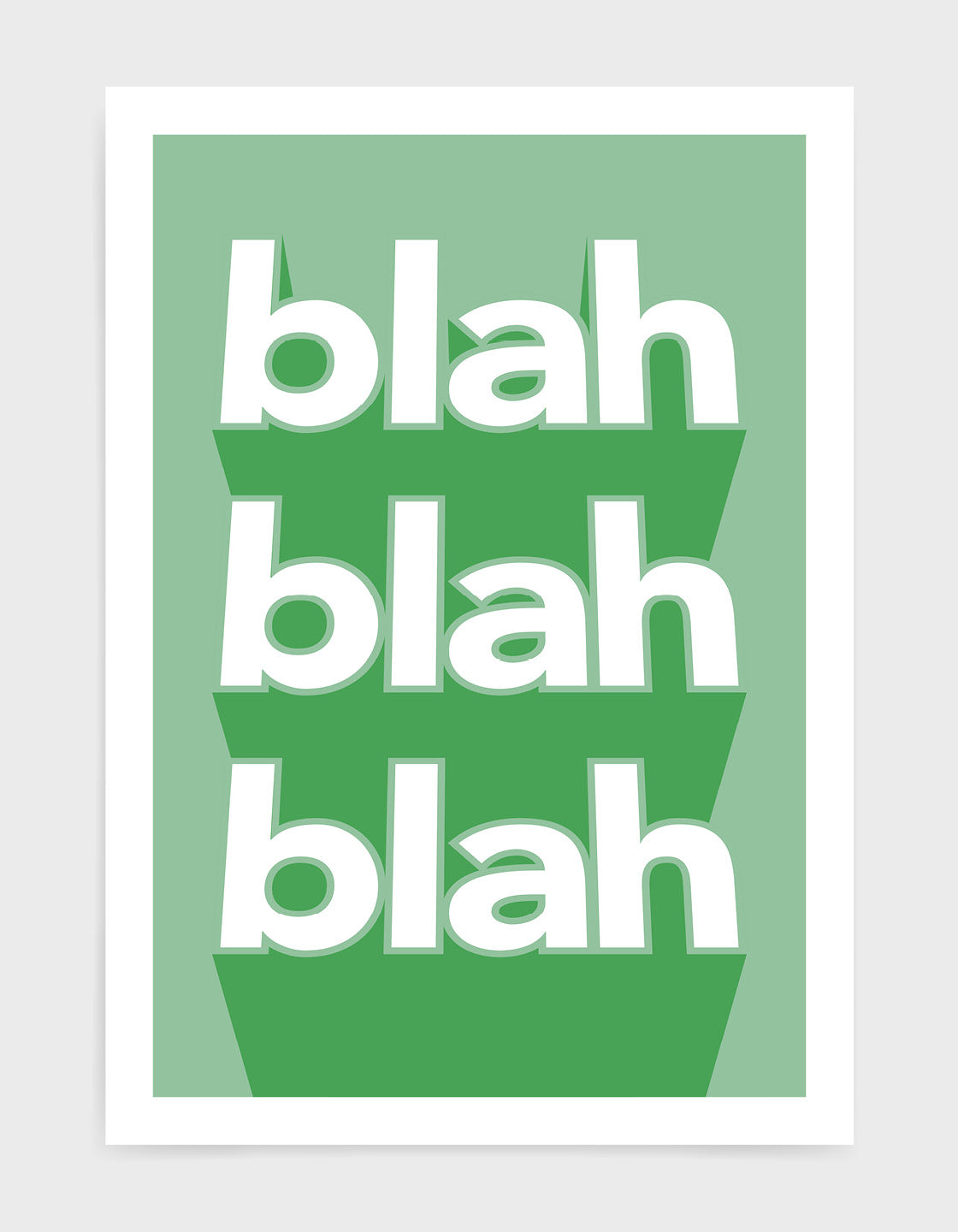 A vibrant 'blah blah blah' typography print on heavyweight fine art paper, showcasing modern design and customizable colors.