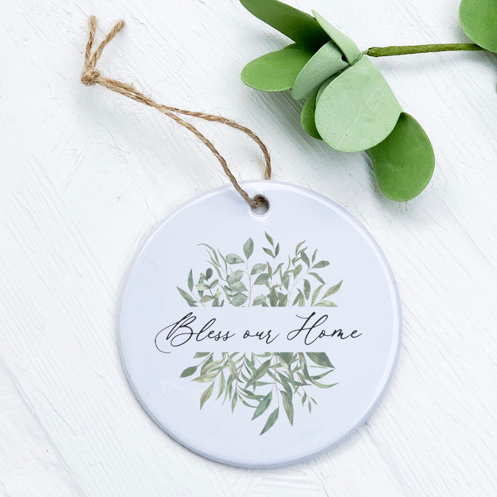 Bless Our Home Greenery ornament made of high-quality porcelain, featuring a vibrant design, perfect for gifting or home decoration.