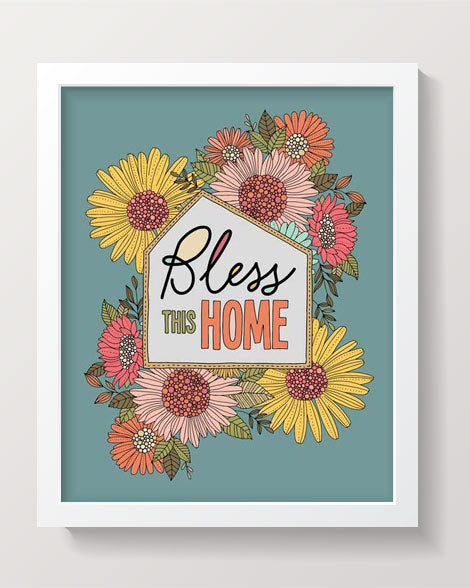 Archival art print titled 'Bless this Home', featuring original pen and ink art with vibrant digital coloring on matte card stock.