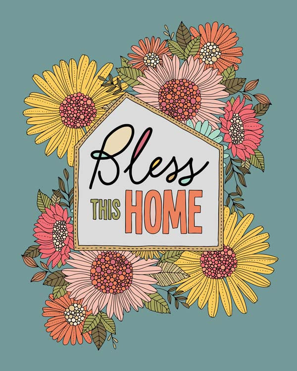 Archival art print titled 'Bless this Home', featuring original pen and ink art with vibrant digital coloring on matte card stock.