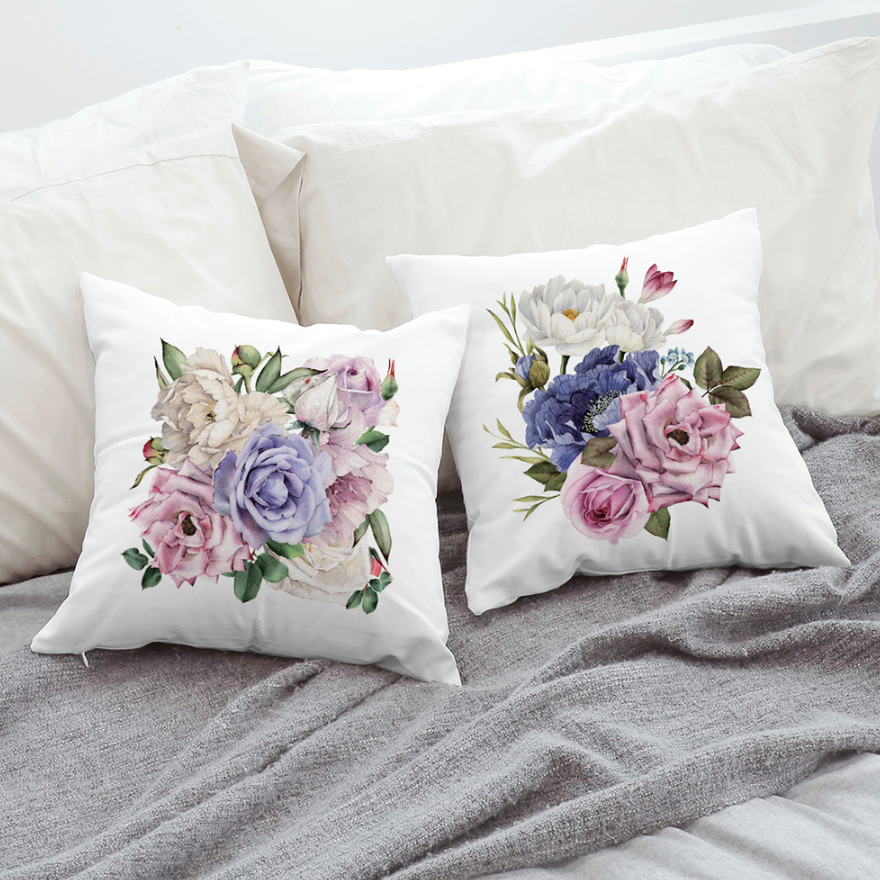 Blooming Flower Purple cushion with vibrant floral design, showcasing double-sided feature and high-quality microfiber material.