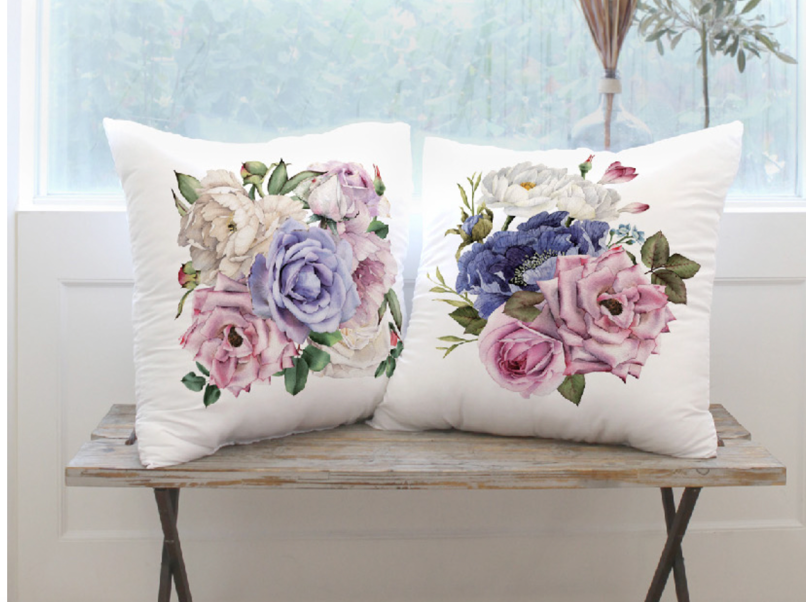 Blooming Flower Purple cushion with vibrant floral design, showcasing double-sided feature and high-quality microfiber material.