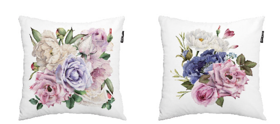 Blooming Flower Purple cushion with vibrant floral design, showcasing double-sided feature and high-quality microfiber material.