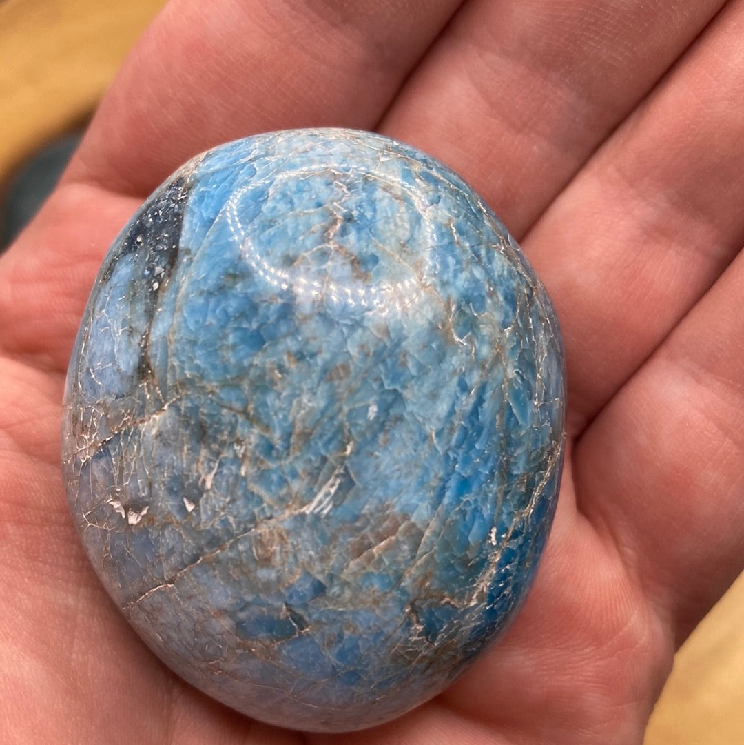 A close-up of a Blue Apatite Palm Stone showcasing its deep blue color with grey and brown speckles, perfect for chakra healing.