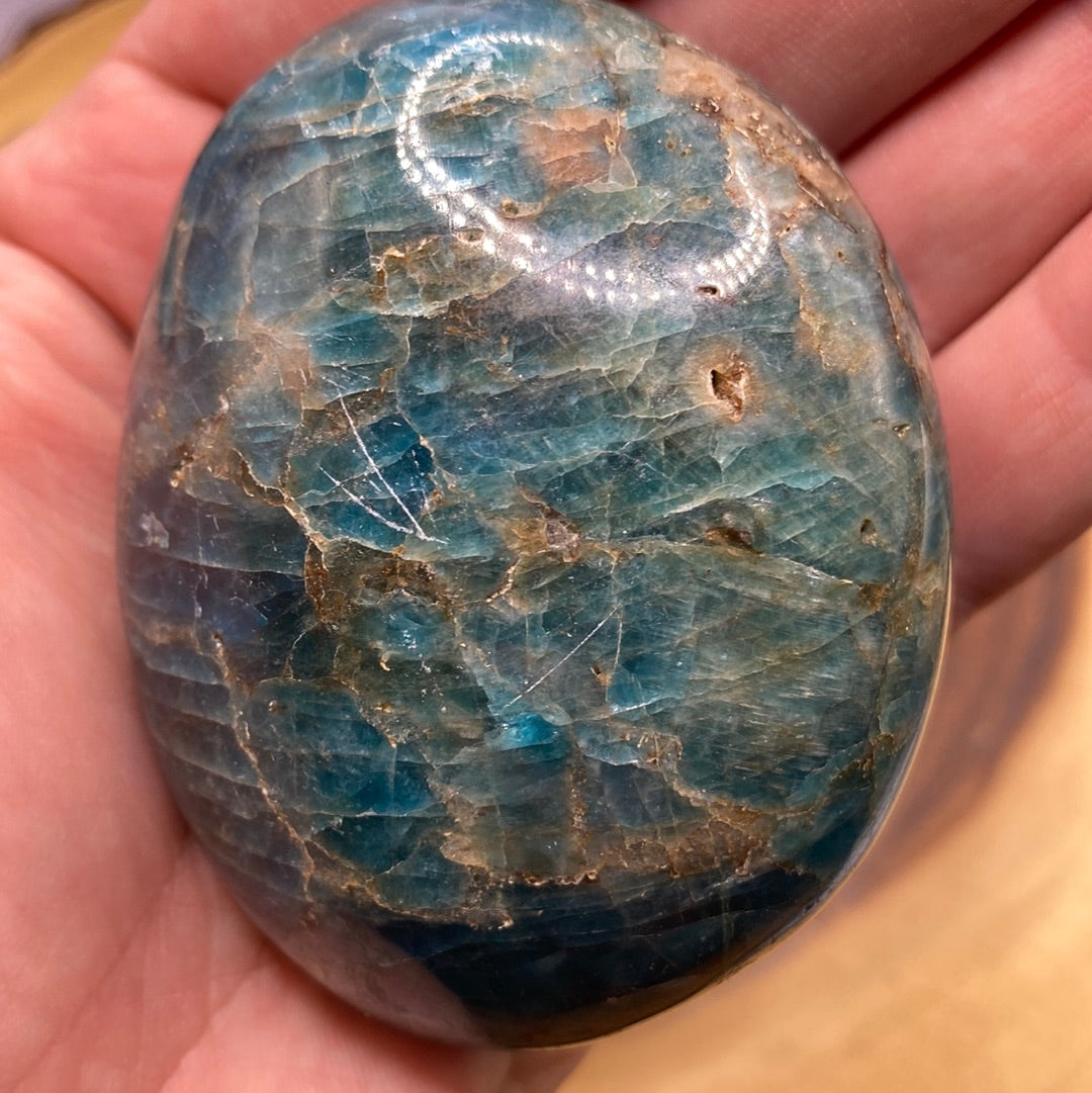 A close-up of a Blue Apatite Palm Stone showcasing its deep blue color with grey and brown speckles, perfect for chakra healing.