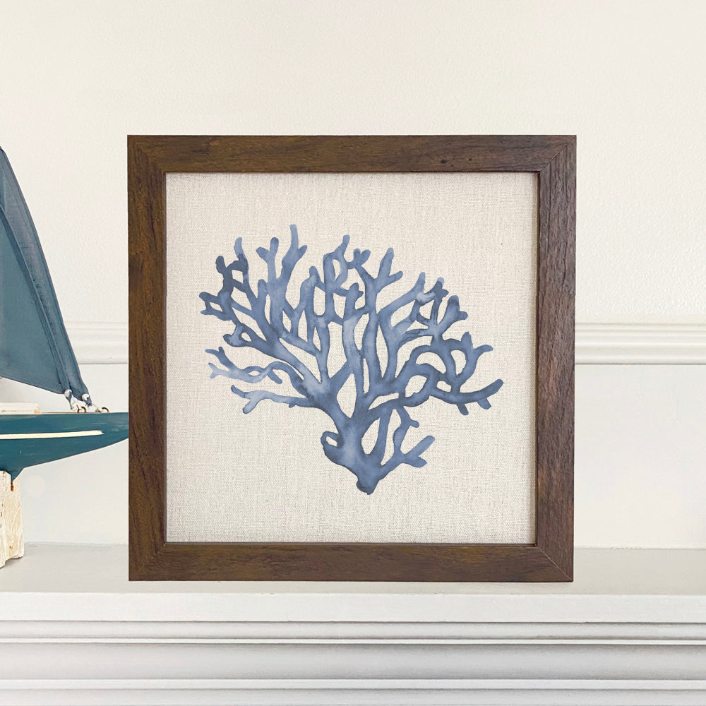 Blue Coral Framed Sign with a stylized wood frame and linen-look background, perfect for home decor.