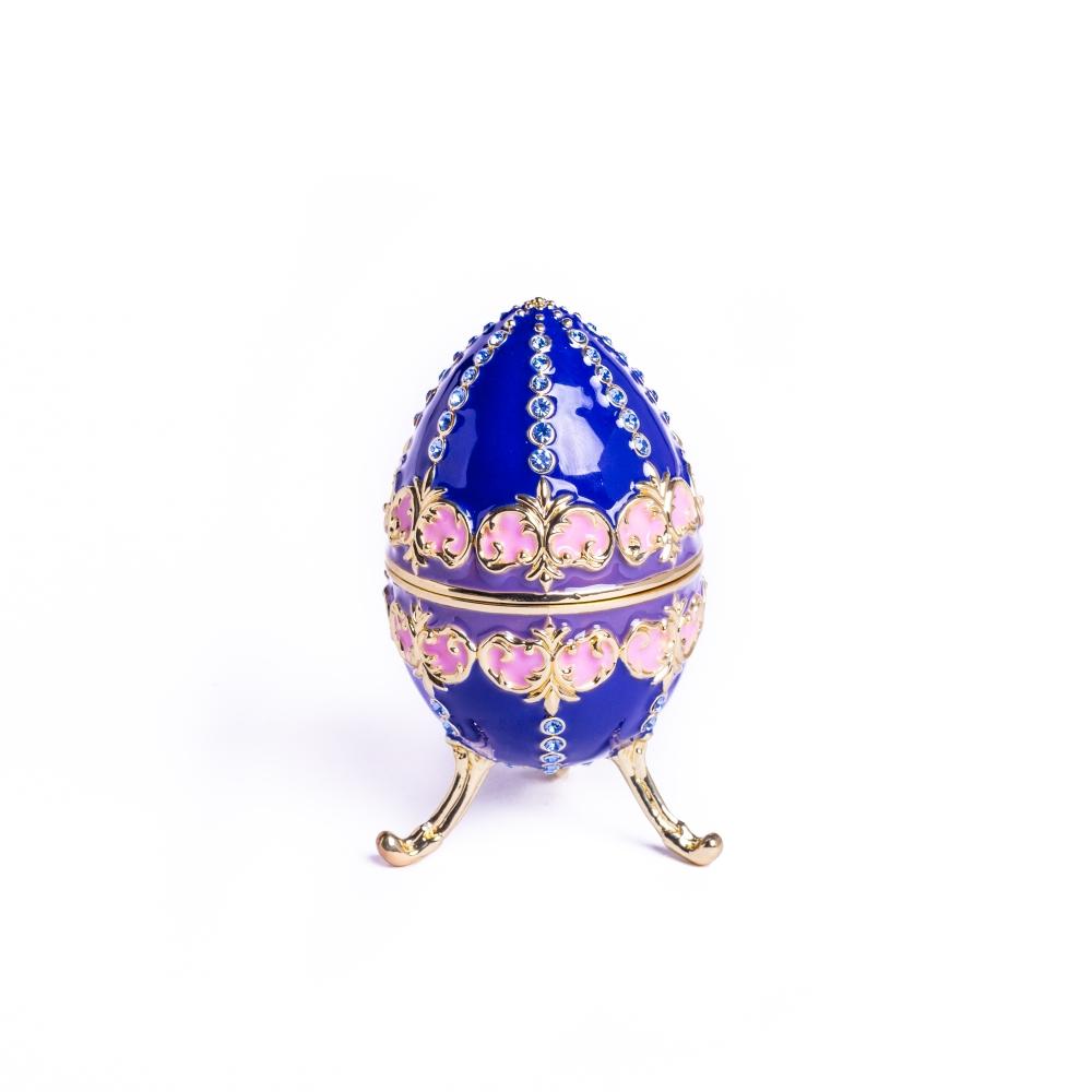 A beautifully crafted Blue Decorated Faberge Egg trinket box adorned with Austrian crystals and 24K gold plating, showcasing intricate details.