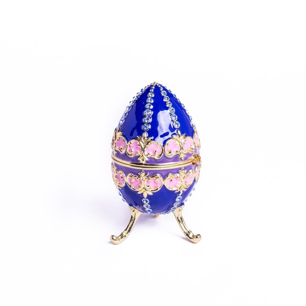 A beautifully crafted Blue Decorated Faberge Egg trinket box adorned with Austrian crystals and 24K gold plating, showcasing intricate details.