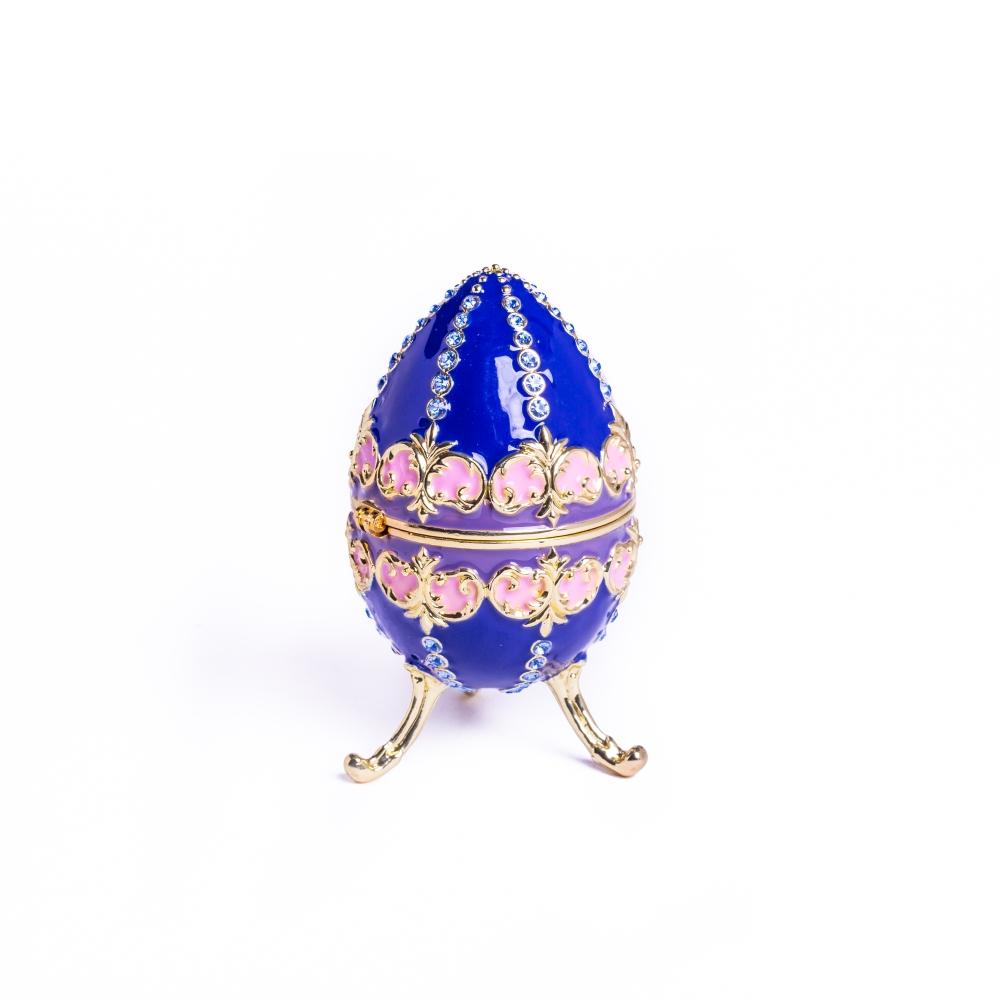 A beautifully crafted Blue Decorated Faberge Egg trinket box adorned with Austrian crystals and 24K gold plating, showcasing intricate details.