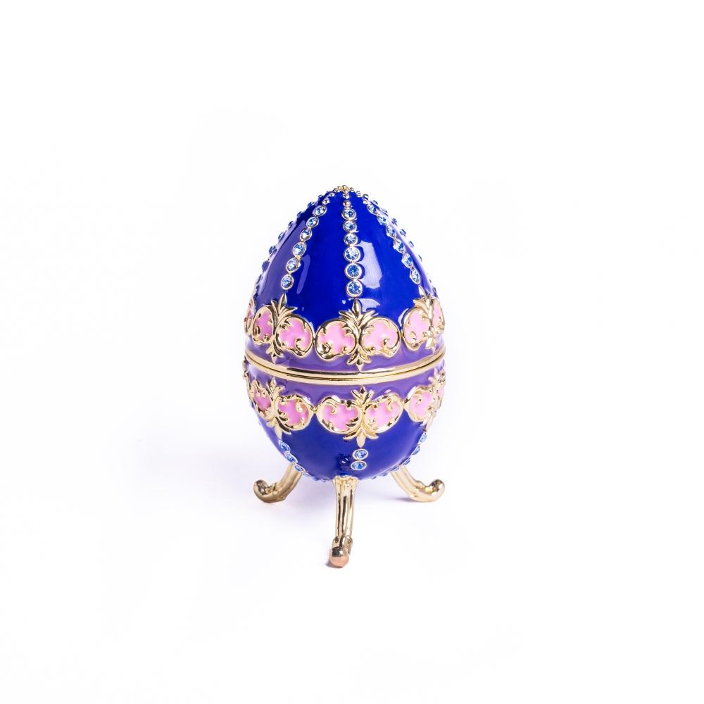 A beautifully crafted Blue Decorated Faberge Egg trinket box adorned with Austrian crystals and 24K gold plating, showcasing intricate details.